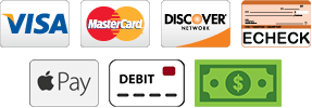 Visa, Mastercard, Discover, personal check, apple pay, debit, or cash payment accepted